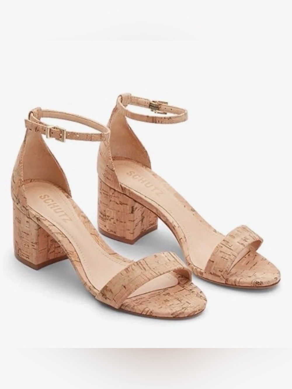 SCHUTZ Cork Block Heel Sandals in Natural Beige